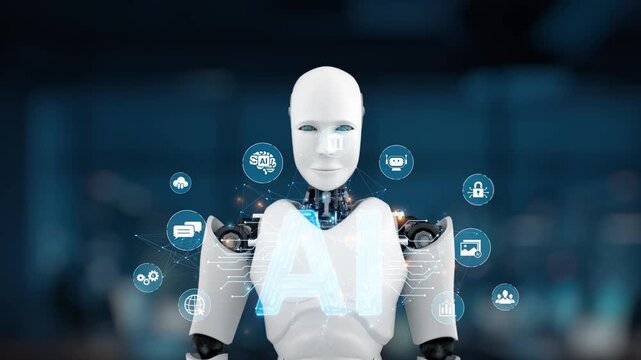 A humanoid robot stands in front of a blue background, showcasing AI technology through digital icons, representing the future of artificial intelligence and robotics. Synapse