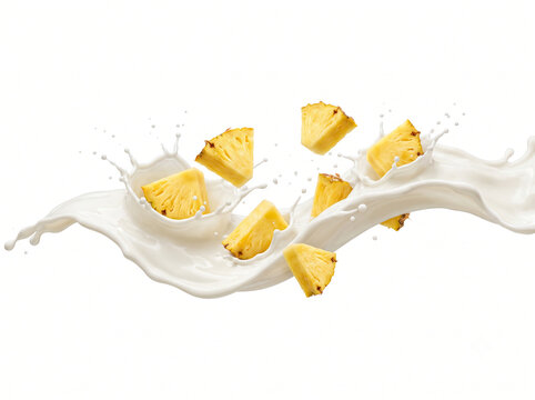 Fresh pineapple chunks with creamy milk splash fully framed on white