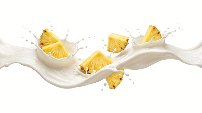 Fresh pineapple chunks with creamy milk splash fully framed on white