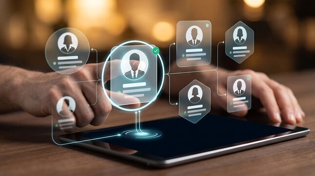 Business professional using digital tablet to manage and organize team profiles with holographic networking interface for workforce planning and personnel administration concepts