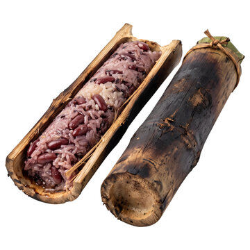 Thai sticky rice roasted in bamboo tube khao lam with purple rice and coconut isolated on transparent background