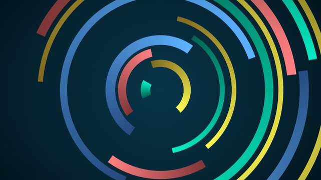 Abstract circular motion graphic with colorful segments evolving over time on a dark background
