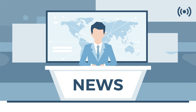 Television news broadcast studio featuring a male anchor presenter at a desk with a world map screen in the background.