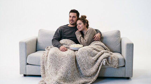 Couple watching movie on sofa with popcorn and blanket