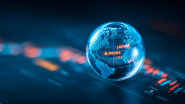 A digital globe displayed over financial market data represents global trading economic analysis and international investment.
