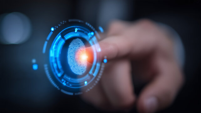 A finger touching a digital fingerprint scanner represents biometric authentication identity verification and secure access.
