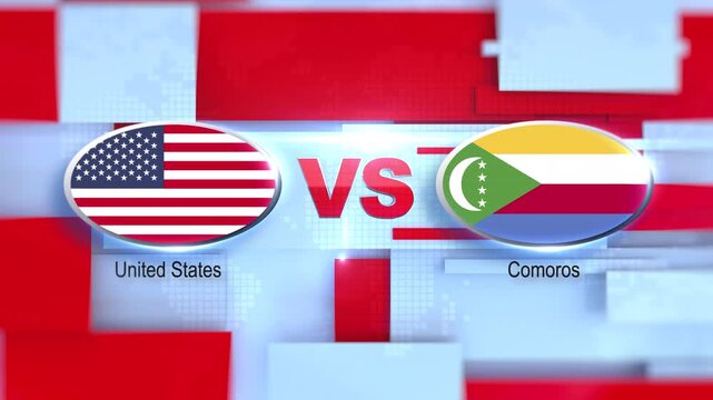 USA VS Comoros flag animation geopolitical conflict, global politics and international crisis news concept, political analysis and broadcast news background