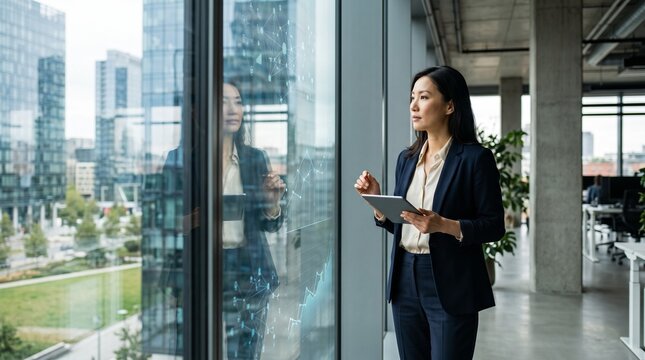 Asian businesswoman holding tablet near office window displaying futuristic data analytics and charts with city background for Adobe Stock metadata.
