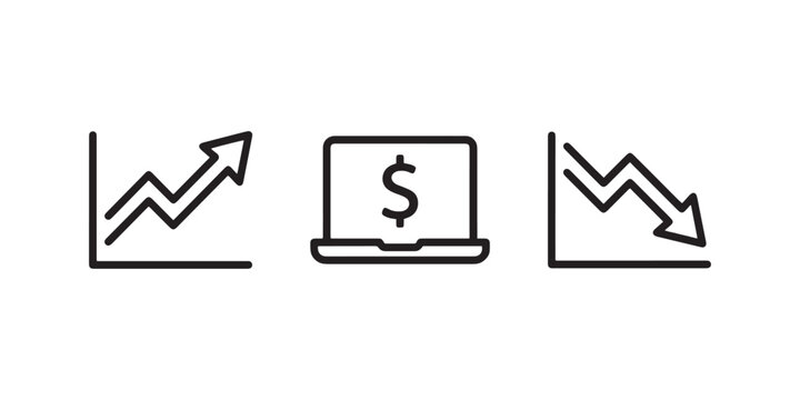 Financial growth and market loss line icons, laptop with dollar sign for online banking, minimalist business data visualization vector set