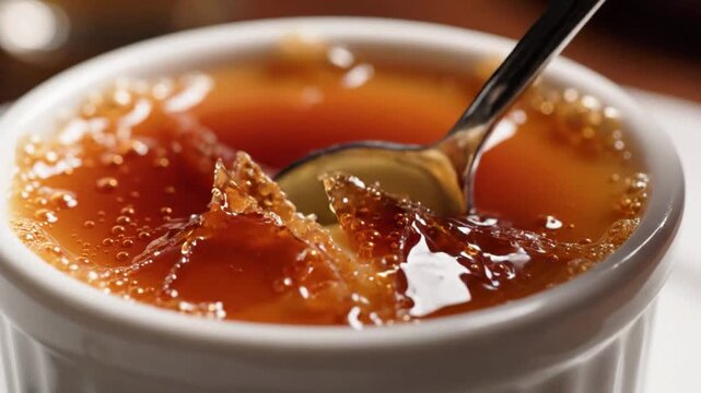 Spoon Breaking Caramel Crust of Cr&egrave;me Br&ucirc;l&eacute;e Dessert