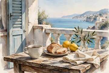 Naklejka premium Watercolor Mediterranean breakfast still life on seaside terrace with bread, lemons, olive branch and ceramic cup, blue sea view summer morning