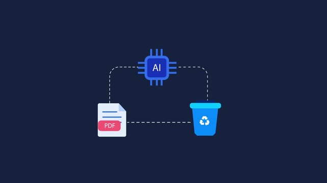 Motion graphic of AI chip processor connected to PDF document and trash recycle bin icon on dark blue background, depicting automated file deletion and data cleanup.
