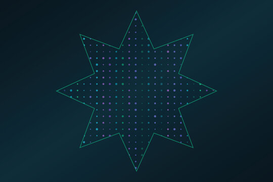 An eight pointed star shape outlined in green holds a grid of purple and green dots