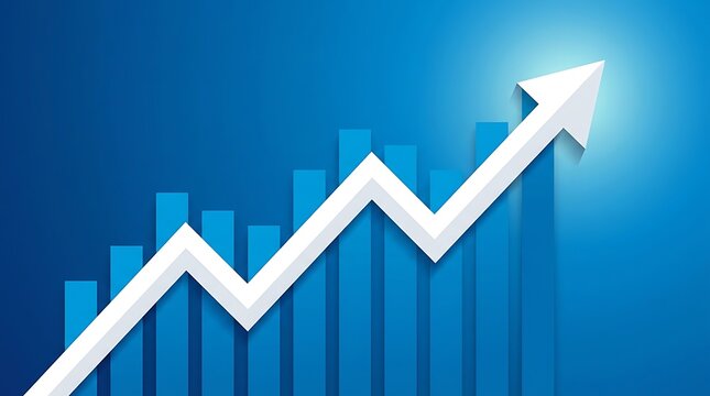 Blue bar chart with big white arrow going up