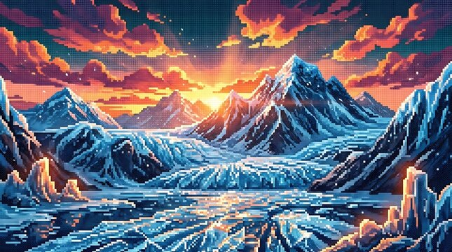Retro 8-bit pixel art mountain landscape at sunrise featuring frozen glaciers, icy peaks, and warm orange sky lighting