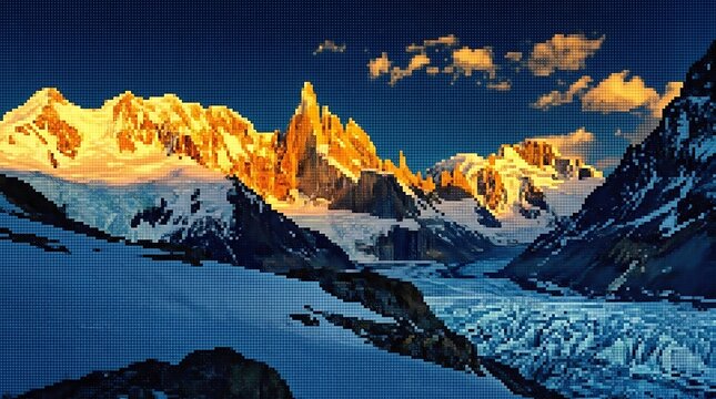 Detailed pixel art illustration of jagged mountain peaks illuminated by golden sunset light with frozen blue glacial lakes below