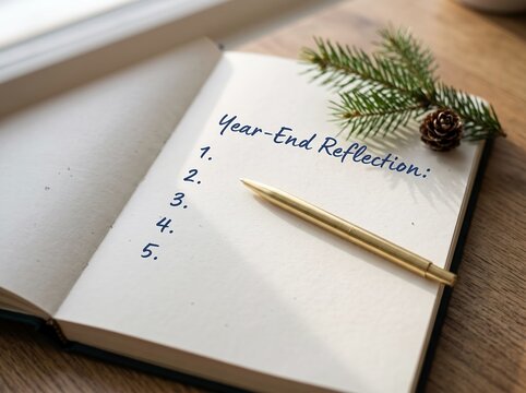 Year-End Reflection Notebook with Pen and Pine Sprig. New Year Planning Concept