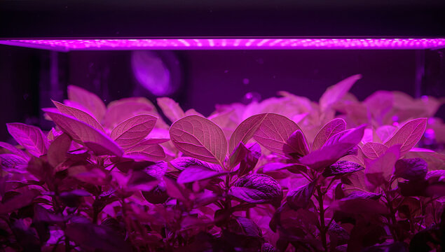 紫色の照明に照らされた室内の植物の葉