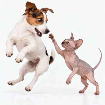 Playful Interaction between a Jumping Jack Russell Terrier Dog and a Curious Hairless Sphynx Cat on White Background