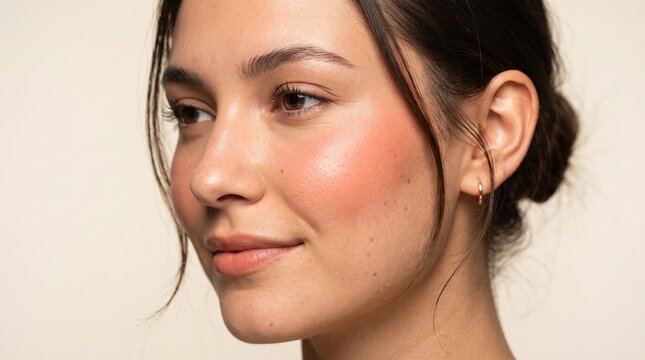 Side profile of an elegant young woman with rosy cheeks and radiant clear skin