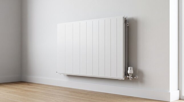 White panel radiator mounted on a wall in a modern empty room with wooden floor