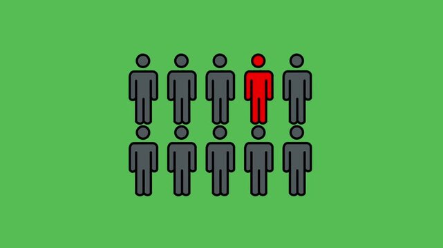 Ten human icons appear in a row, with one person changing color to highlight an individual within a group. Minimal animation suitable for statistics, surveys, demographics, consumer behavior