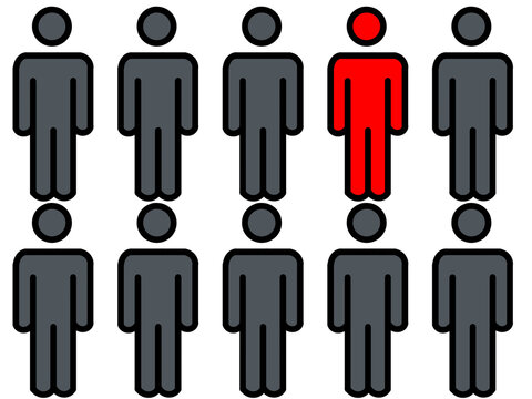 Ten human icons appear in a row, with one person changing color to highlight an individual within a group. suitable for statistics, surveys, demographics, consumer behavior
