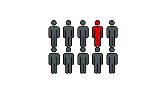 Ten human icons appear in a row, with one person changing color to highlight an individual within a group. Minimal animation suitable for statistics, surveys, demographics, consumer behavior