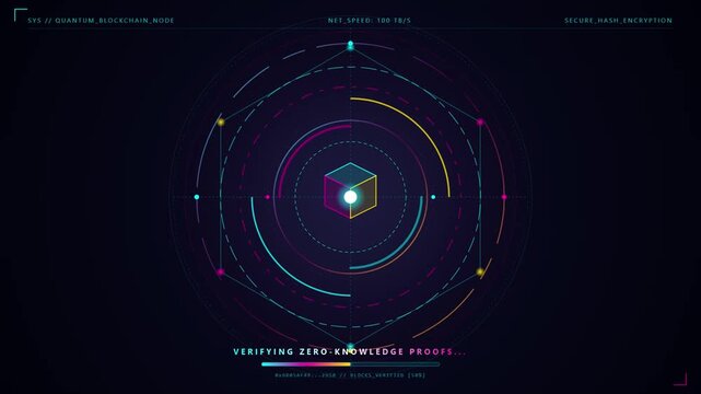 Futuristic crypto blockchain loading screen loop with glowing isometric tech ring network and digital HUD data telemetry elements.