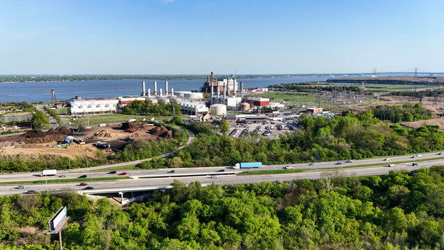 Aerial View of Power Plants Along the Delaware River and Interstate 495 Highway in Wilmington, Delaware