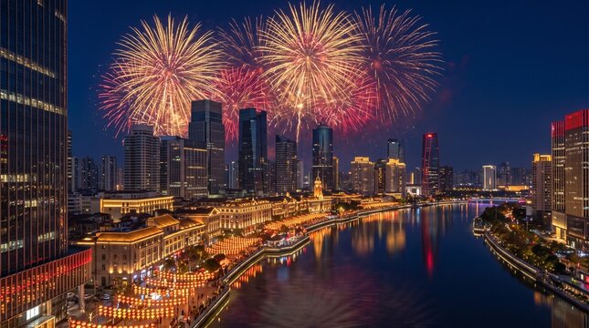 Vibrant fireworks exploding over glowing modern skyscrapers and riverfront urban architecture during nighttime holiday celebration
