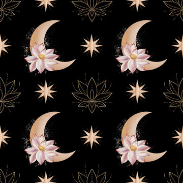 Seamless watercolor hand drawn pattern with illustrations of lotus and moon and stars. For textile, fabric, decor and design. 