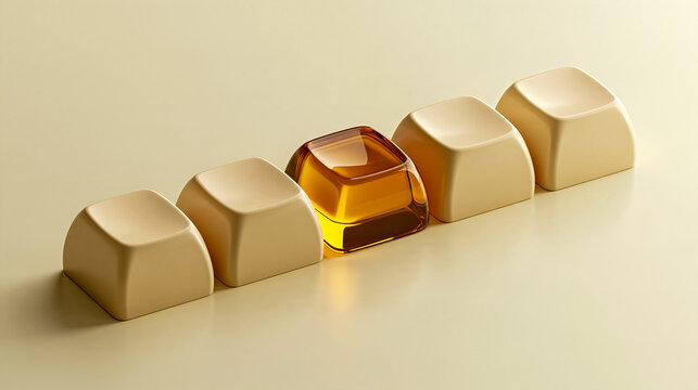 Premium 3D render of a short row of five identical rectangular keycaps with one amber glass keycap