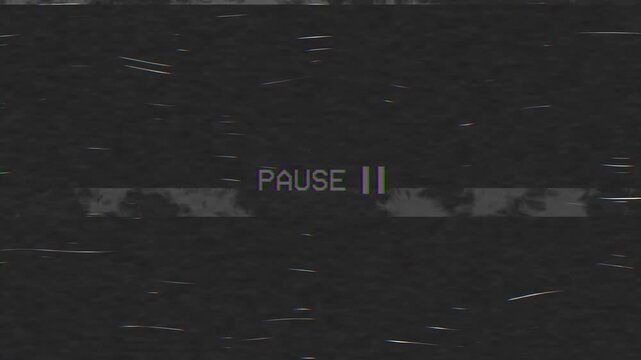 4K glitch pause screen featuring RGB split typography, smoky horizontal distortion bands and scattered analog noise on a dark textured background.