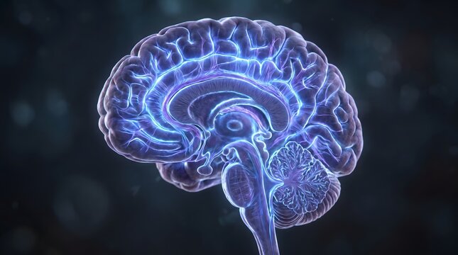 Glowing Human Brain Side View with Neural Activity.