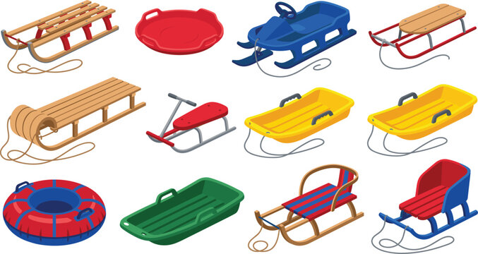 Winter Sled and Snow Sleigh Vector Set with Snow Tube and Toboggan Clip Art for Christmas Holidays, Outdoor Recreation, and Seasonal Activity Designs