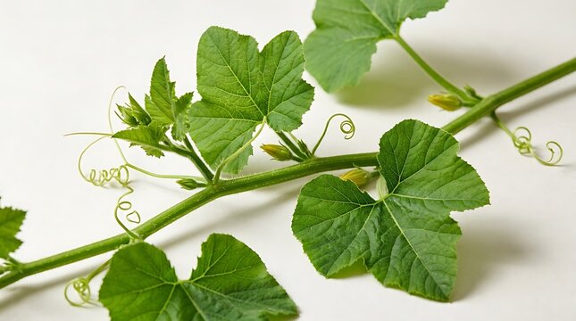 Fresh green pumpkin vine with broad leaves and curly tendrils stretching across a bright and clean garden space