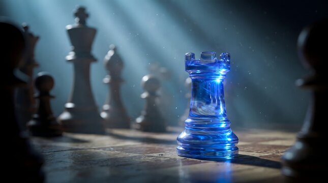 Blue Glass Chess Rook Stands Alone Amidst Dramatic Lighting.