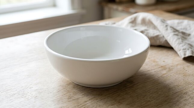 Empty white ceramic bowl sitting on a rustic wooden table in a bright kitchen with a linen napkin nearby for cooking