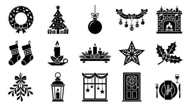 Set of black and white christmas icons featuring holiday decorations like trees wreaths stockings candles and festive seasonal ornaments for design