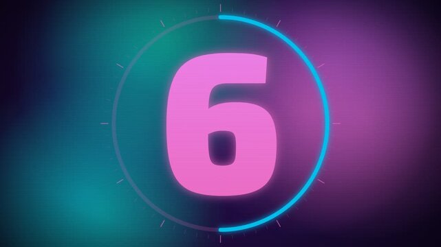 Digital countdown timer animation showing numbers 10, 5, and 0 with neon glow and abstract background