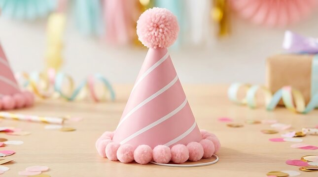 Cute pink party hat with pom poms on a wooden table with colorful confetti for a celebration or kids birthday event