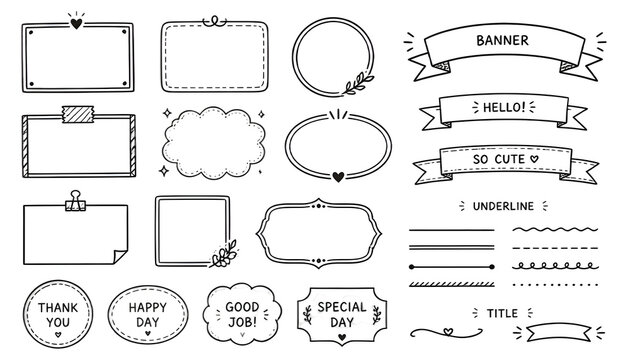 Frame text box hand drawn set. Frame line ribbon banner underline handwriting doodle marker pen title. Cute simple vintage circle, box, oval text simple marker banner.