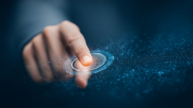 A finger touching a fingerprint scanner represents biometric authentication identity verification and secure digital access.
