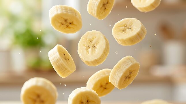Fresh yellow banana slices falling down in a bright and sunny home kitchen for a healthy breakfast recipe concept