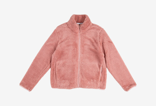 Pink sherpa fleece zip-up jacket with stand collar and side pockets, isolated flat lay on light gray background