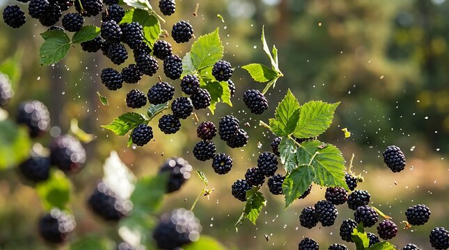 Fresh ripe blackberries hanging on a green bush in the garden with water drops splashing during a summer sunny day