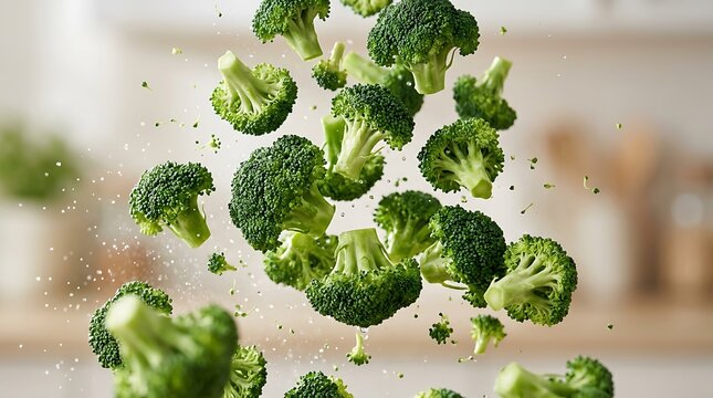 Fresh green broccoli florets falling through the air in a bright modern kitchen setting for healthy cooking concept