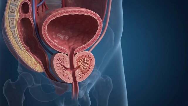 Human anatomy cancer prostate gland bladder tissue medical illustration male organ showing tumor inside gland with pelvic bone background and highlighted tumor in male urinary system