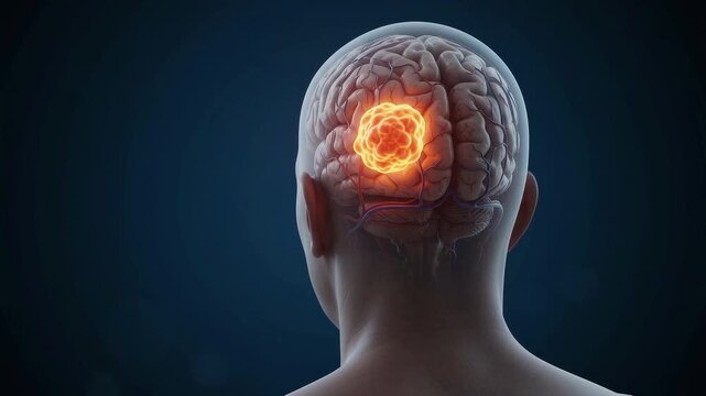 Human brain cancer anatomy concept showing tumor inside head with glowing cancer cells and detailed brain structure veins medical illustration disease dark background